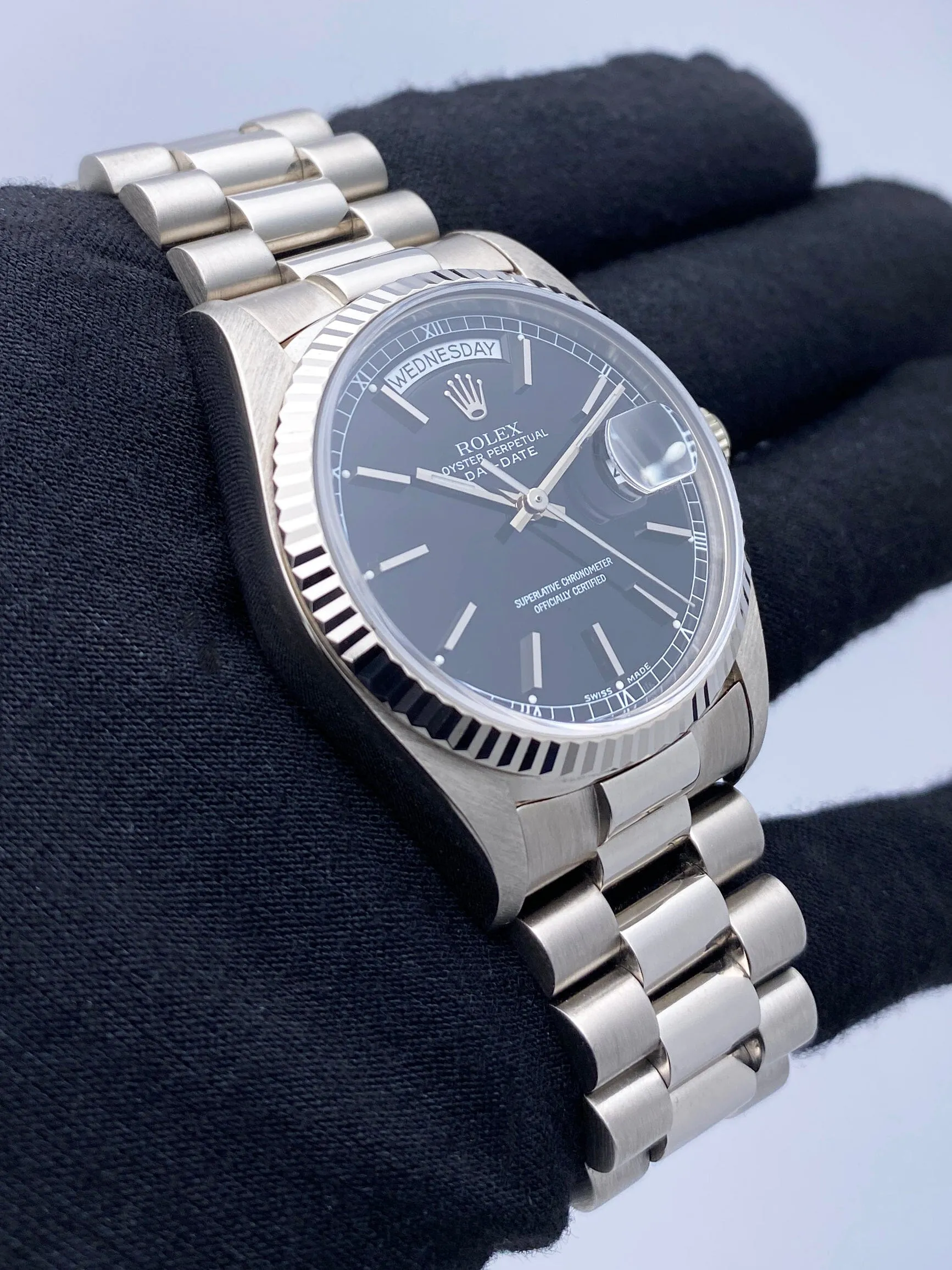 Rolex Day-Date 18039 Black Dial 18K White Gold Mens Watch Box Papers