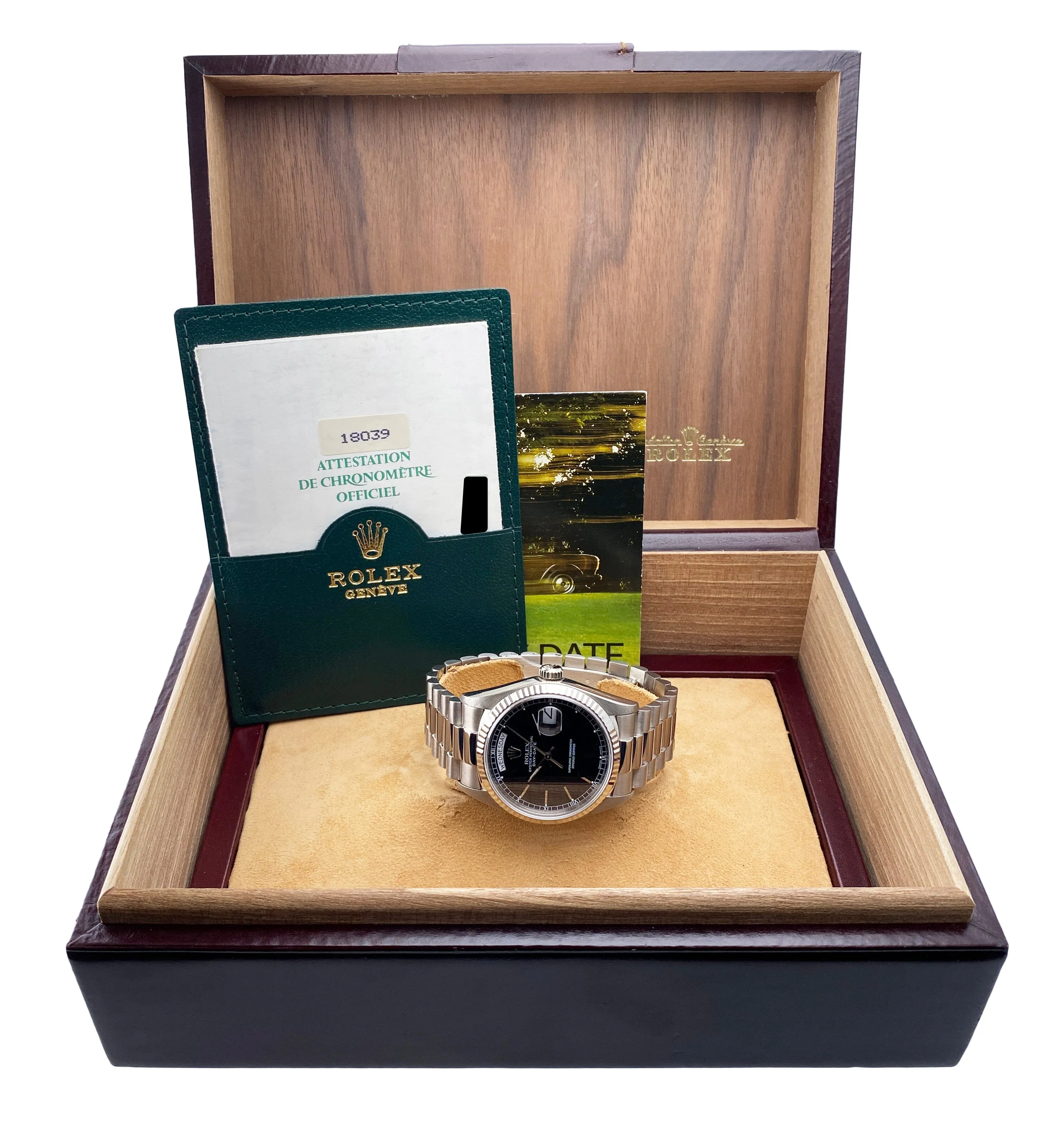 Rolex Day-Date 18039 Black Dial 18K White Gold Mens Watch Box Papers