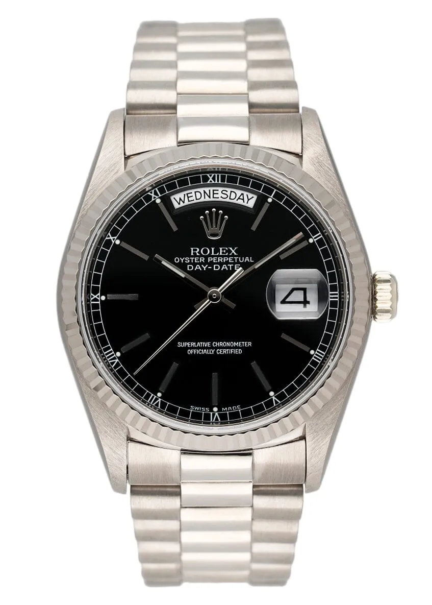 Rolex Day-Date 18039 Black Dial 18K White Gold Mens Watch Box Papers