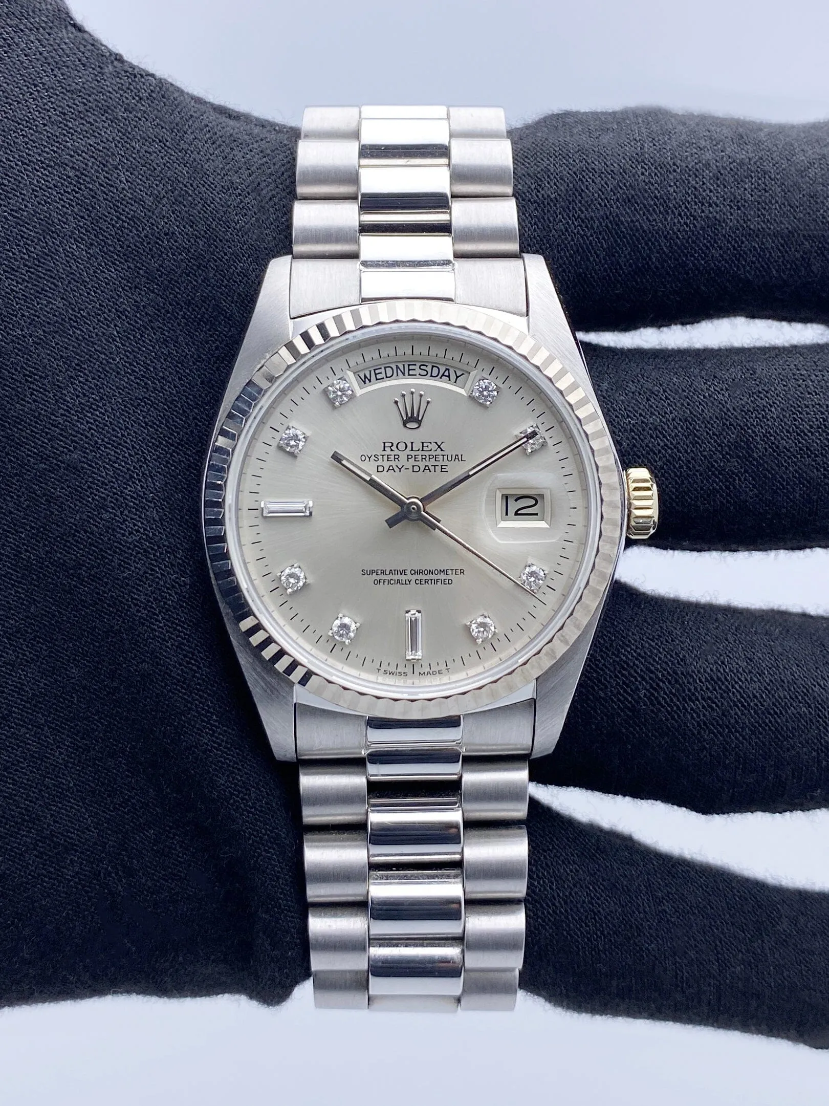 Rolex Day-Date 18039 Diamond Dial 18K White Gold Mens Watch