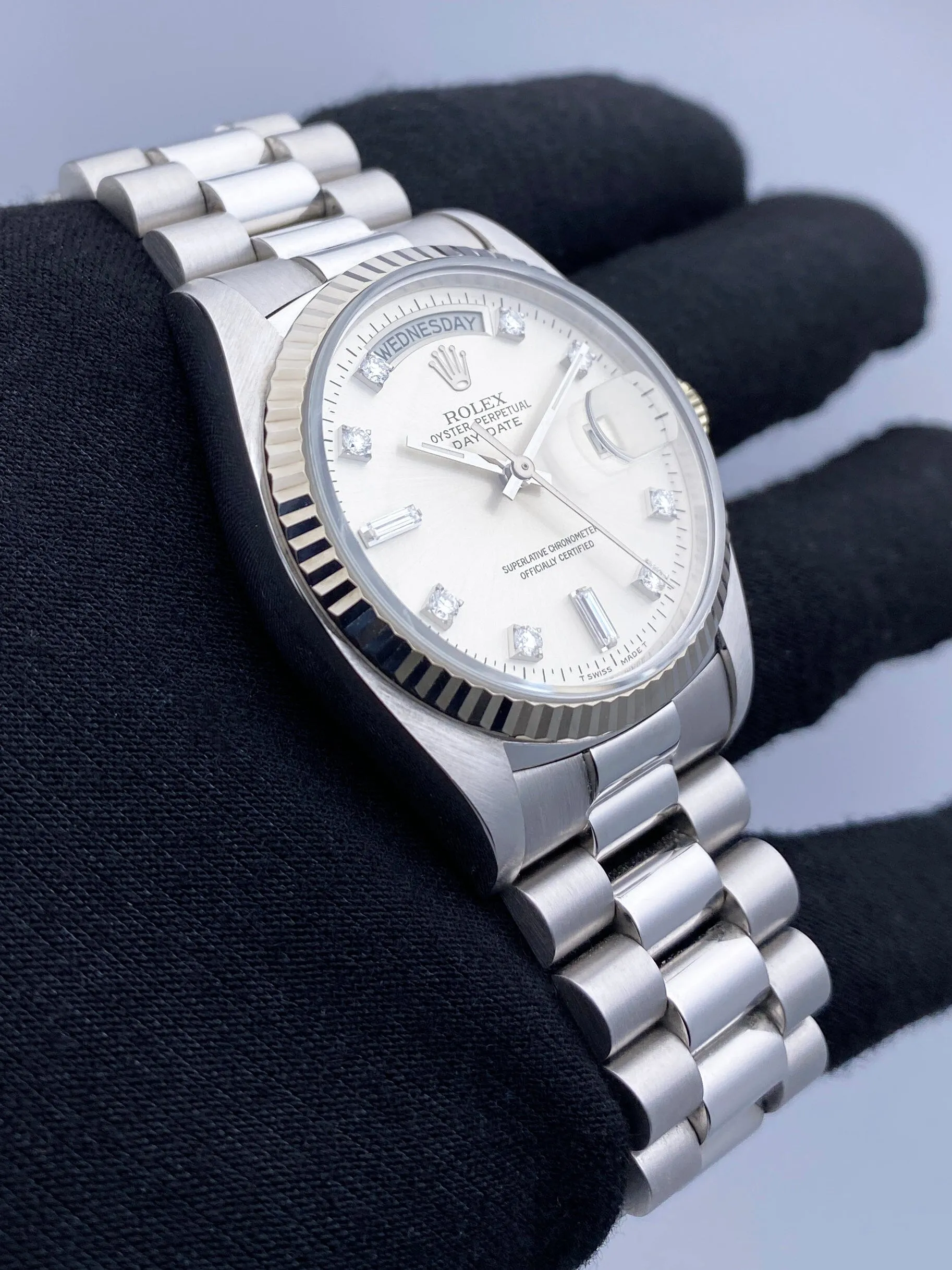 Rolex Day-Date 18039 Diamond Dial 18K White Gold Mens Watch