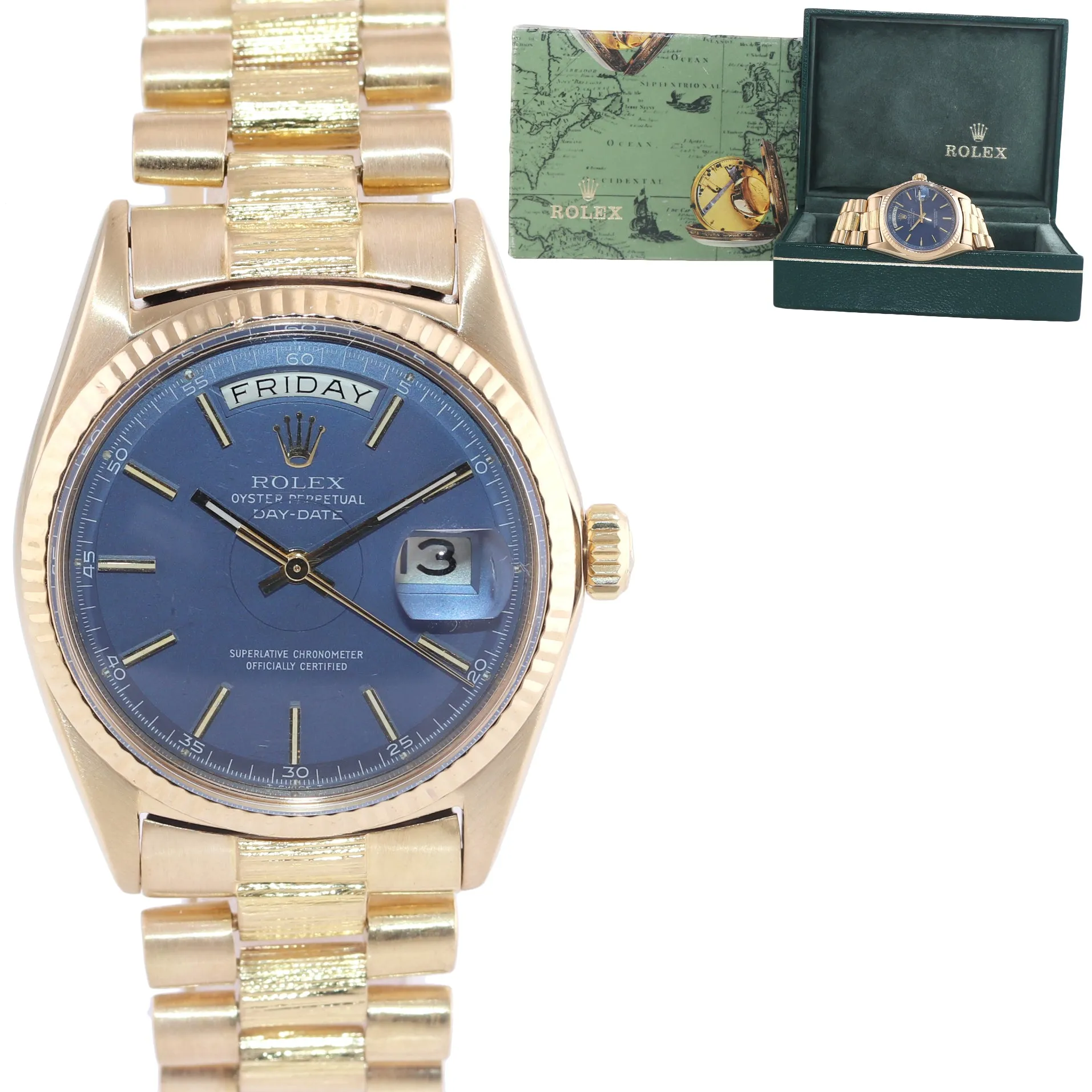 Rolex Day-Date President Yellow Gold Bark 1803 Blue Dial Watch Box