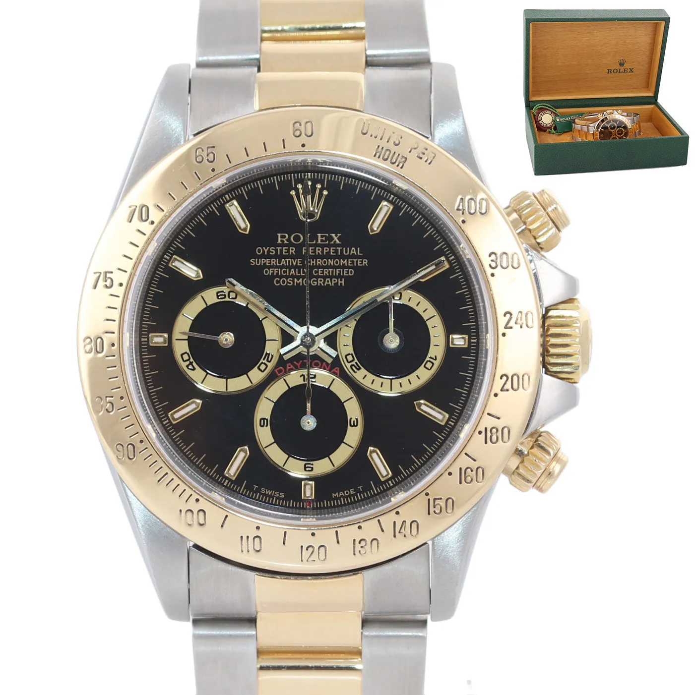 Rolex Daytona 16523 Black Dial Zenith 18k Gold Steel Two Tone Chrono Watch Box