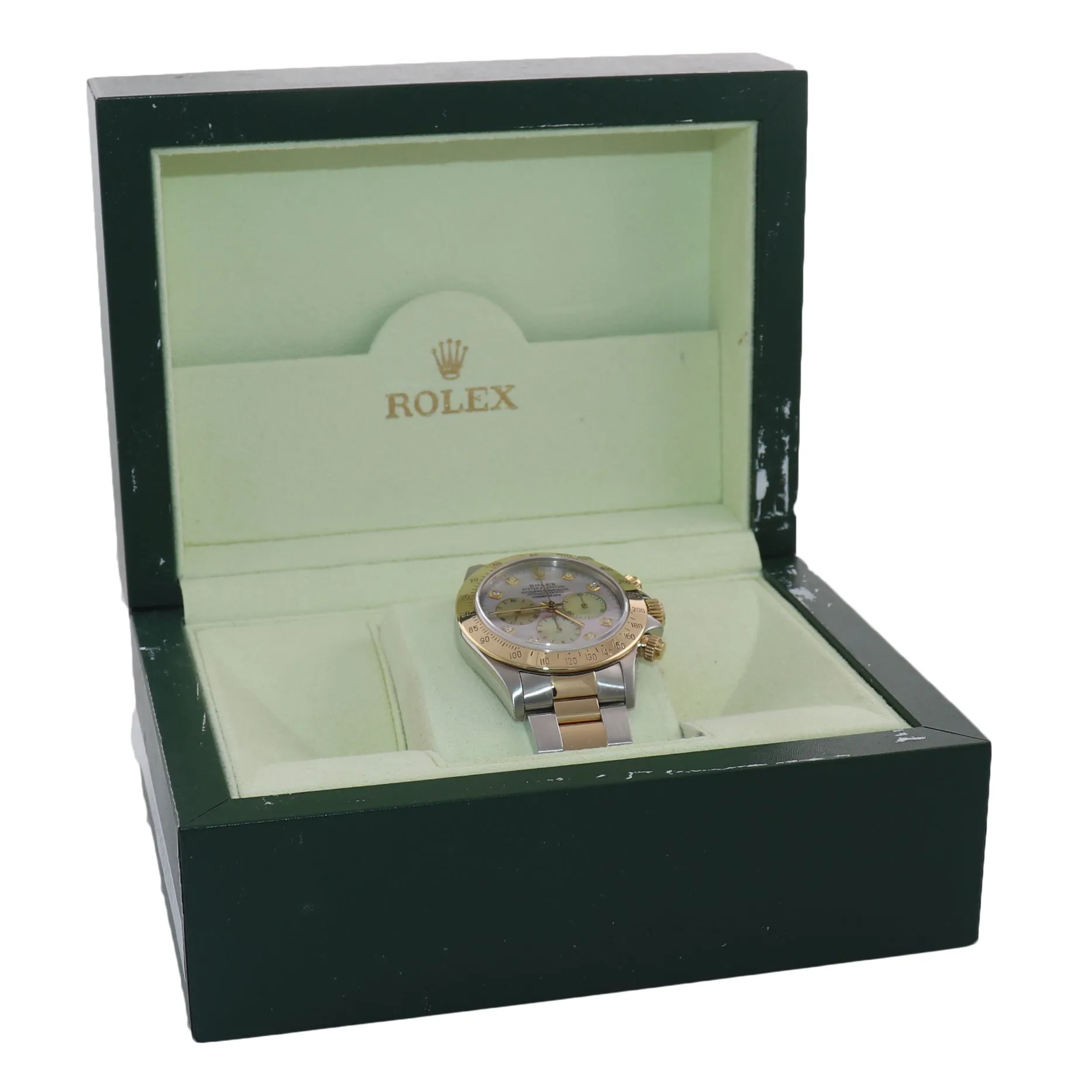 Rolex Daytona 16523 Zenith Two Tone 18 Yellow Gold MOP Diamond Dial Watch Box