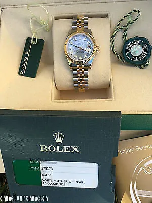 ROLEX LADIES DATEJUST TWO TONE FACTORY MOTHER OF PEARL DIAMONDS DIAL 179173