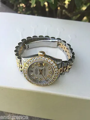 ROLEX LADIES DATEJUST TWO TONE GOLD STEEL MOTHER PEARL DIAMOND DIAL BEZEL 179173