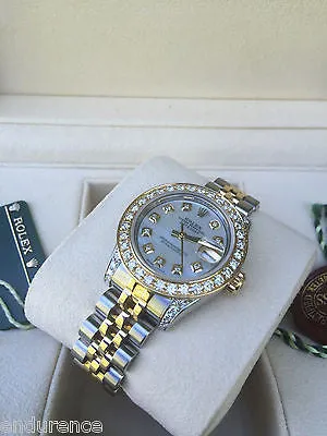 ROLEX LADIES DATEJUST TWO TONE GOLD STEEL MOTHER PEARL DIAMOND DIAL BEZEL 179173