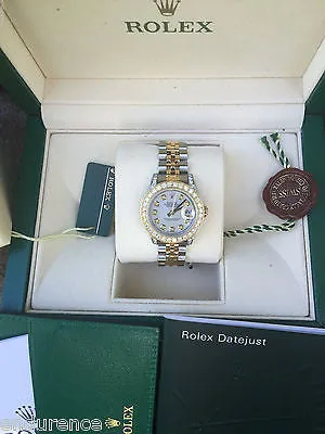 ROLEX LADIES DATEJUST TWO TONE GOLD STEEL MOTHER PEARL DIAMOND DIAL BEZEL 179173
