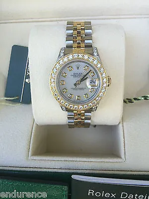 ROLEX LADIES DATEJUST TWO TONE GOLD STEEL MOTHER PEARL DIAMOND DIAL BEZEL 179173