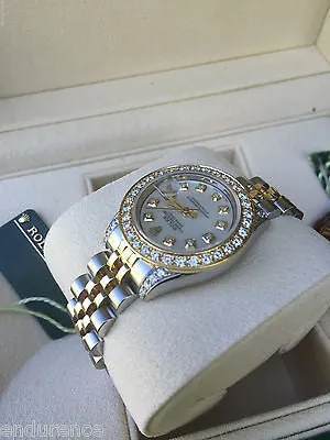 ROLEX LADIES DATEJUST TWO TONE GOLD STEEL MOTHER PEARL DIAMOND DIAL BEZEL 179173