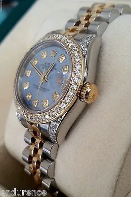 ROLEX LADIES DATEJUST TWO TONE MOTHER OF PEARL DIAMOND DIAL BEZEL LUGS 179173