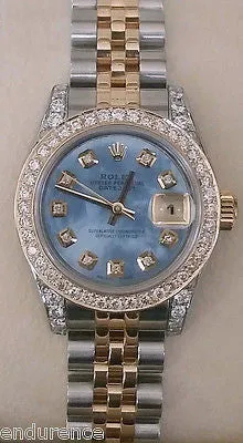 ROLEX LADIES DATEJUST TWO TONE MOTHER OF PEARL DIAMOND DIAL BEZEL LUGS 179173