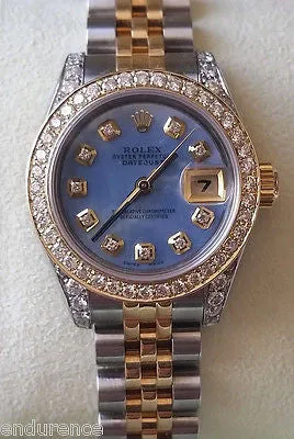 ROLEX LADIES DATEJUST TWO TONE MOTHER OF PEARL DIAMOND DIAL BEZEL LUGS 179173