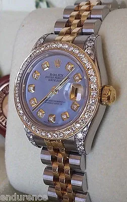 ROLEX LADIES DATEJUST TWO TONE MOTHER OF PEARL DIAMOND DIAL BEZEL LUGS 179173