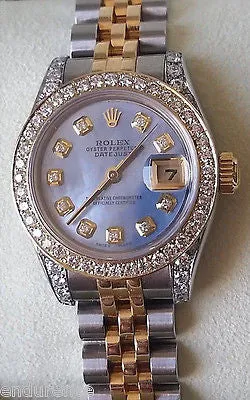 ROLEX LADIES DATEJUST TWO TONE MOTHER OF PEARL DIAMOND DIAL BEZEL LUGS 179173
