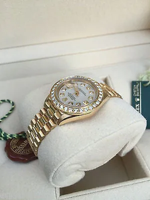 ROLEX LADIES PRESIDENT 18K GOLD 26 mm MOTHER OF PEARL DIAMOND DIAL BEZEL 69178