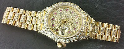 ROLEX LADIES PRESIDENT 18K GOLD DIAMONDS EVERYWHERE & RUBY HOUR MARKERS 69178