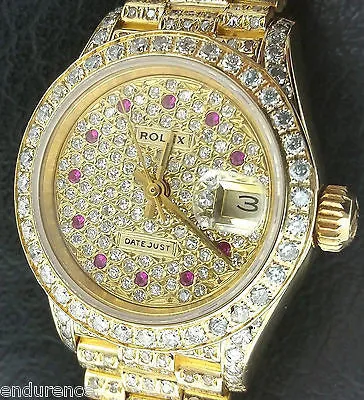 ROLEX LADIES PRESIDENT 18K GOLD DIAMONDS EVERYWHERE & RUBY HOUR MARKERS 69178
