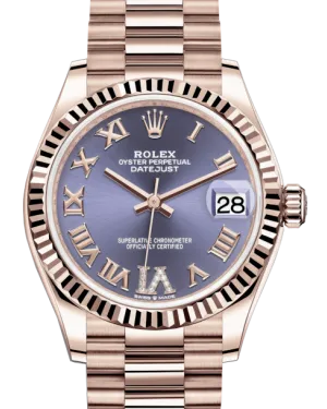 Rolex Lady-Datejust 31 Rose Gold Aubergine Roman Diamond VI Dial & Fluted Bezel President Bracelet 278275