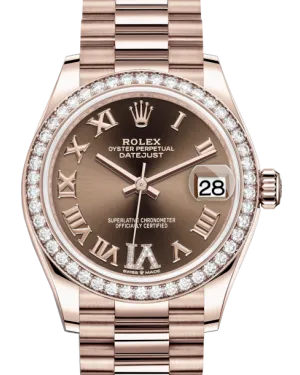 Rolex Lady-Datejust 31 Rose Gold Chocolate Roman Diamond VI Dial & Diamond Bezel President Bracelet 278285RBR