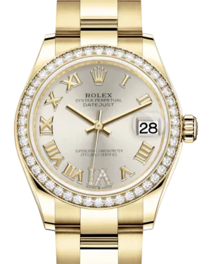 Rolex Lady-Datejust 31 Yellow Gold Silver Roman Diamond VI Dial & Diamond Bezel Oyster Bracelet 278288RBR