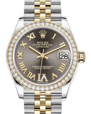 Rolex Lady-Datejust 31 Yellow Gold/Steel Dark Grey Roman Diamond VI Dial & Diamond Bezel Jubilee Bracelet 278383RBR