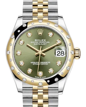 Rolex Lady-Datejust 31 Yellow Gold/Steel Olive Green Diamond Dial & Domed Set with Diamonds Bezel Jubilee Bracelet 278343RBR