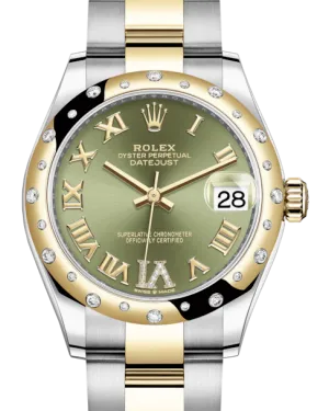 Rolex Lady-Datejust 31 Yellow Gold/Steel Olive Green Roman Diamond VI Dial & Domed Set with Diamonds Bezel Oyster Bracelet 278343RBR