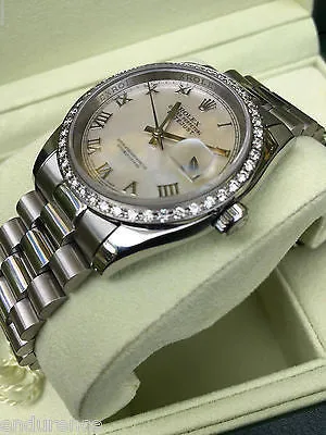 ROLEX MENS DATEJUST CUSTOM DIAMOND BEZEL PRESIDENT BAND PEARL DIAL 116200