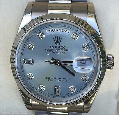 ROLEX MENS PRESIDENT 18K WHITE GOLD LIGHT BLUE DIAMOND DIAL MODEL 118239