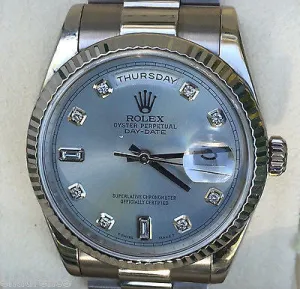 ROLEX MENS PRESIDENT 18K WHITE GOLD LIGHT BLUE DIAMOND DIAL MODEL 118239