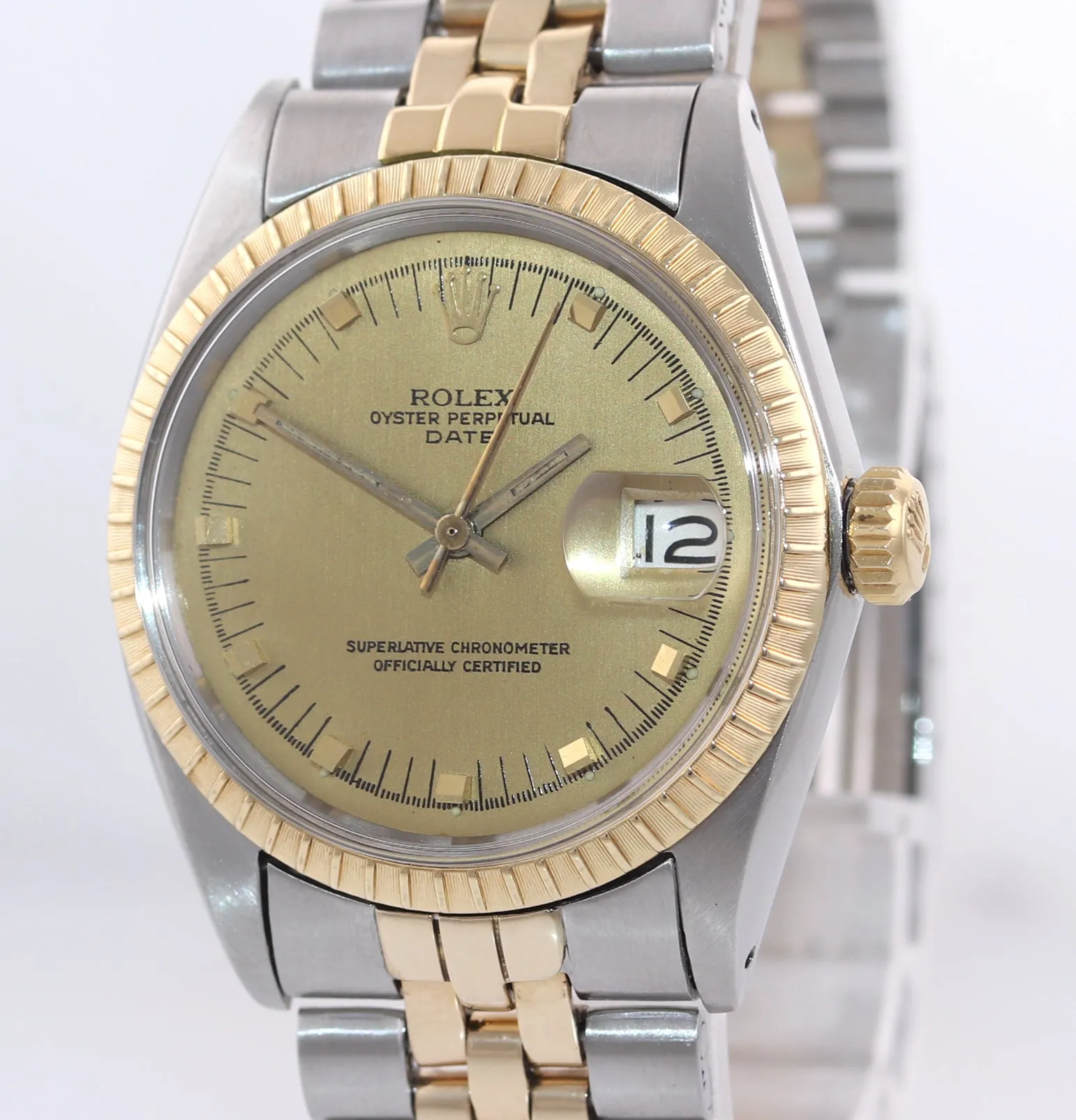 Rolex Oyster Date 1505 Steel 14k Gold Two Tone 34mm Champagne Stick Watch Box