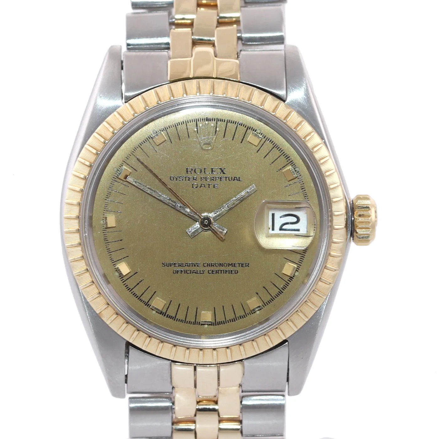 Rolex Oyster Date 1505 Steel 14k Gold Two Tone 34mm Champagne Stick Watch Box