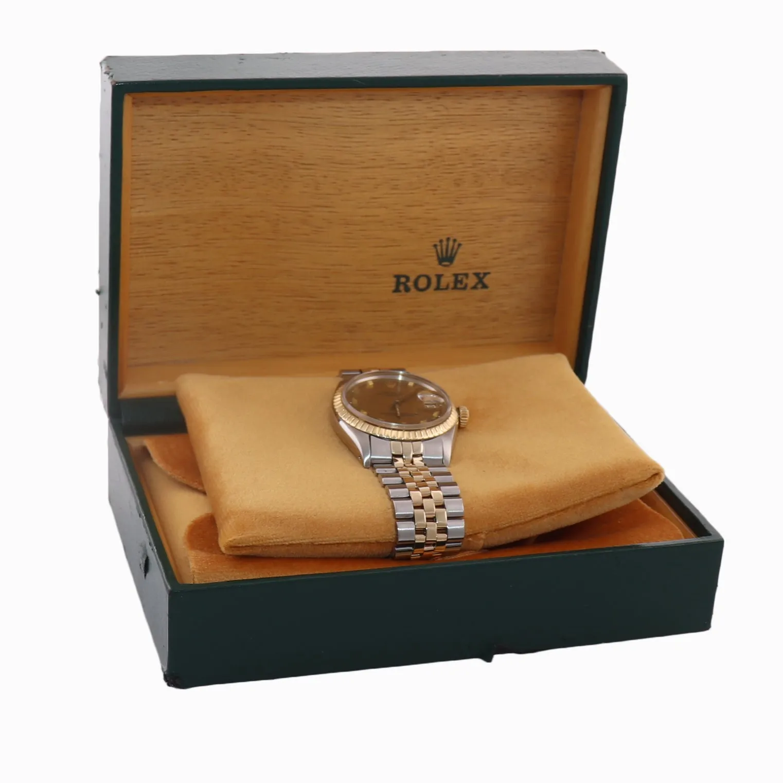 Rolex Oyster Date 1505 Steel 14k Gold Two Tone 34mm Champagne Stick Watch Box