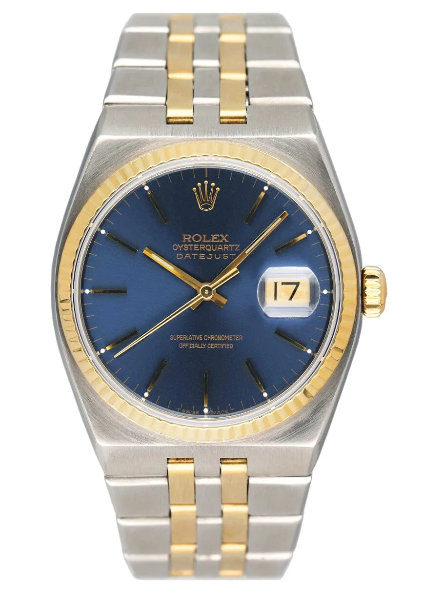 Rolex Oysterquartz Datejust 17013 Blue Dial Two Tone Mens Watch Box Papers