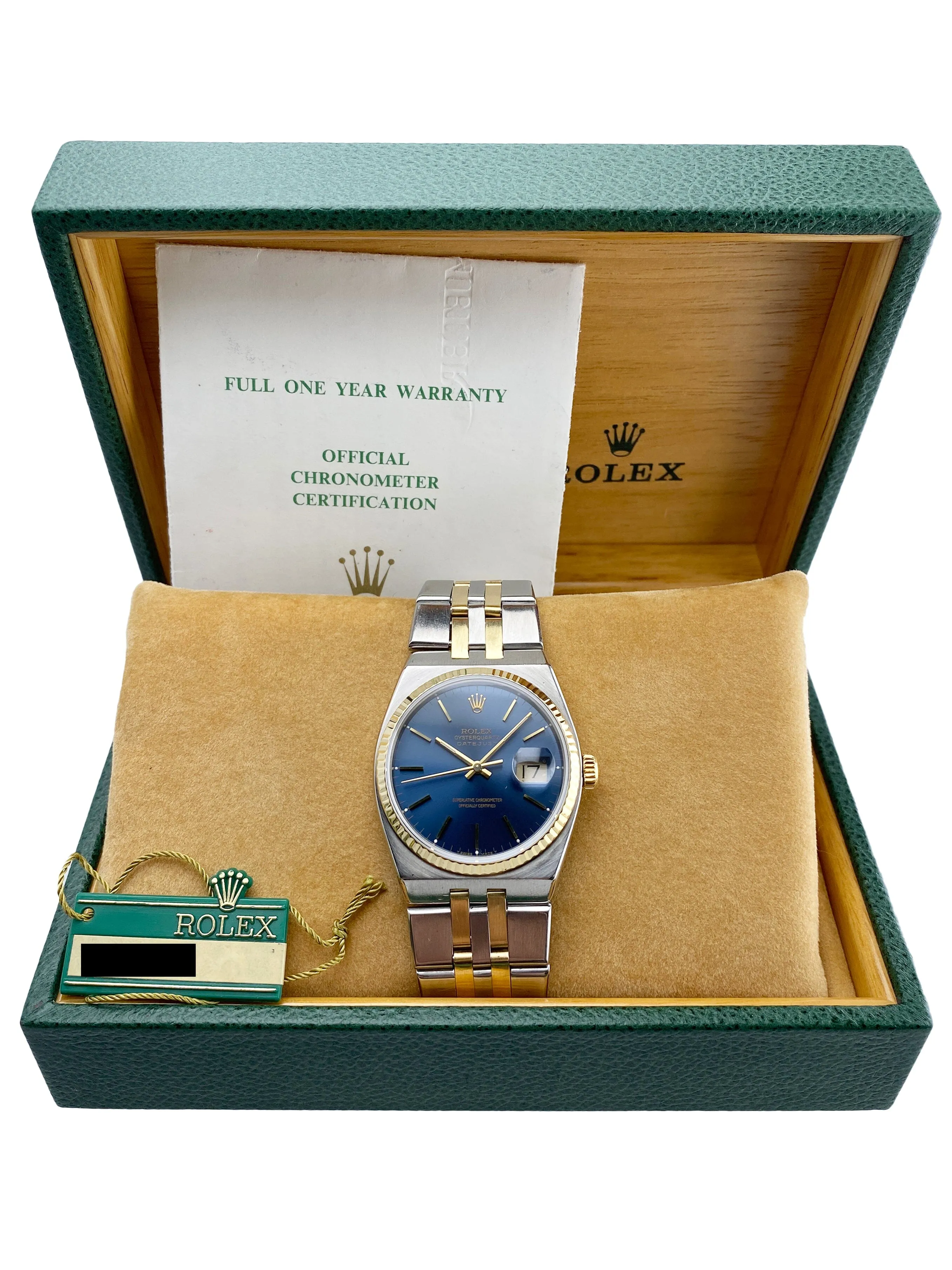 Rolex Oysterquartz Datejust 17013 Blue Dial Two Tone Mens Watch Box Papers