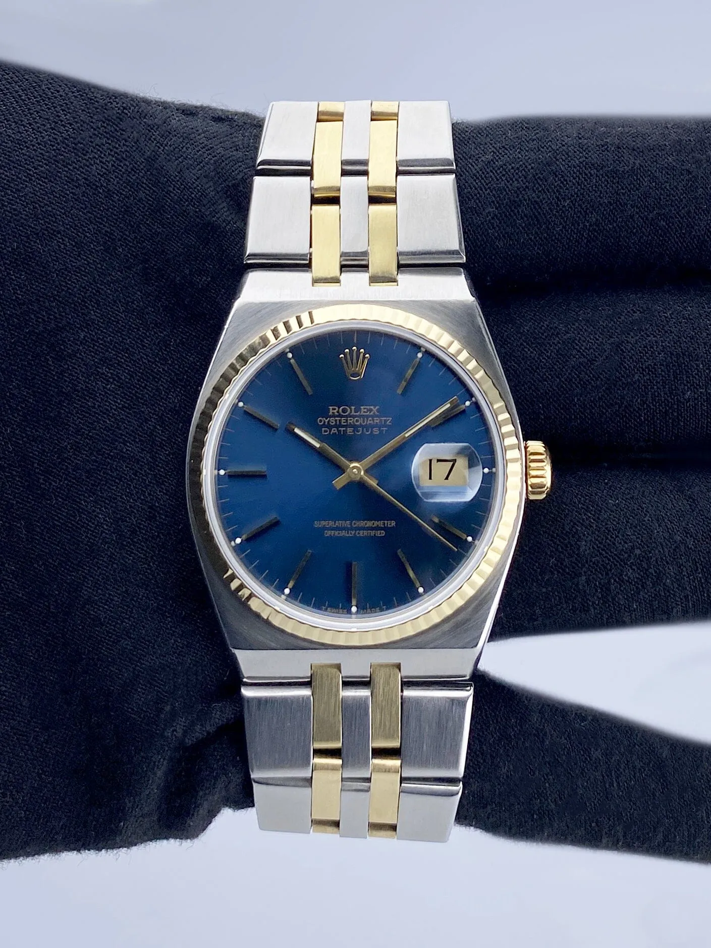 Rolex Oysterquartz Datejust 17013 Blue Dial Two Tone Mens Watch Box Papers