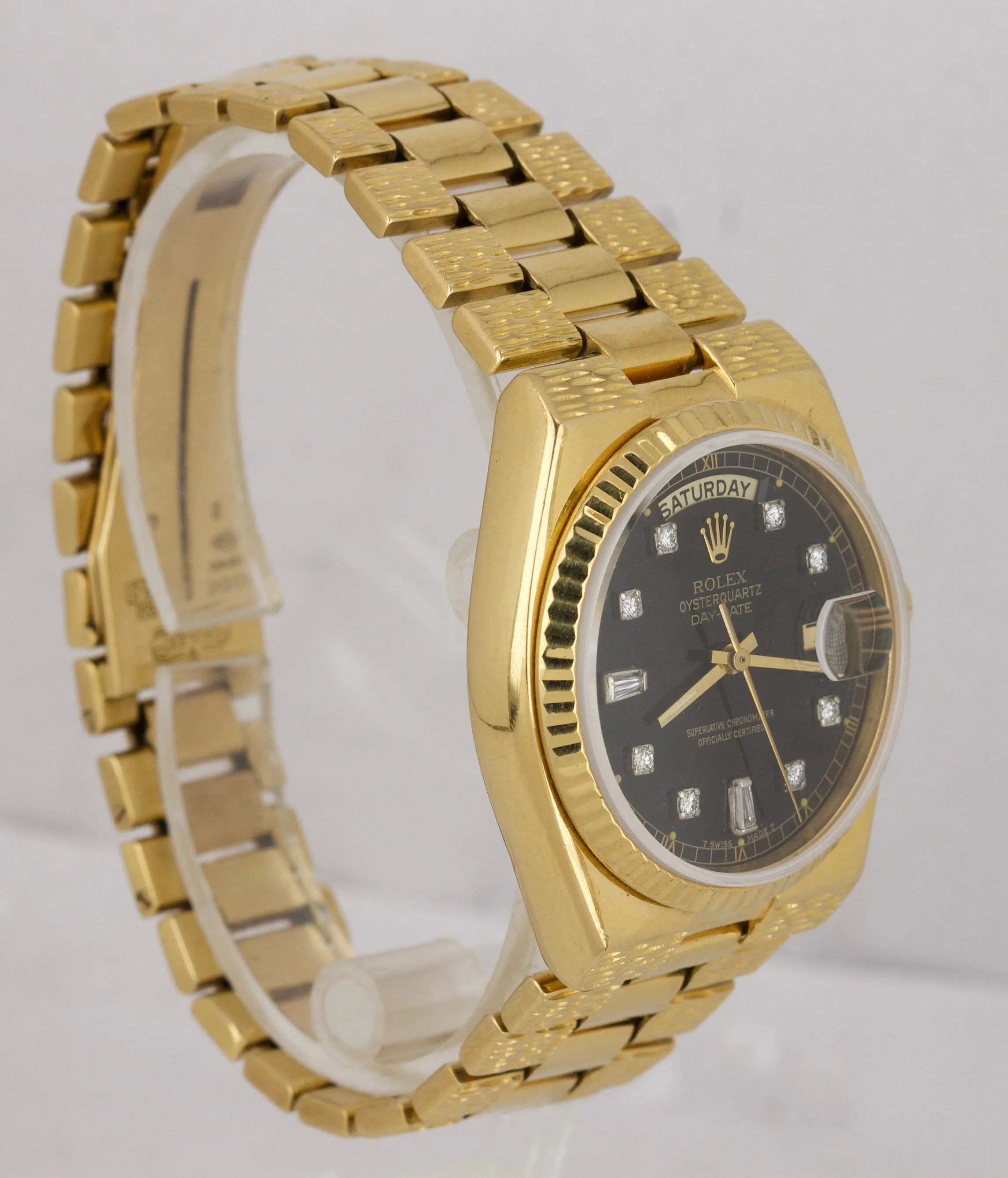 Rolex OysterQuartz Day-Date President 36mm Black Diamond 18K Gold Watch 19018