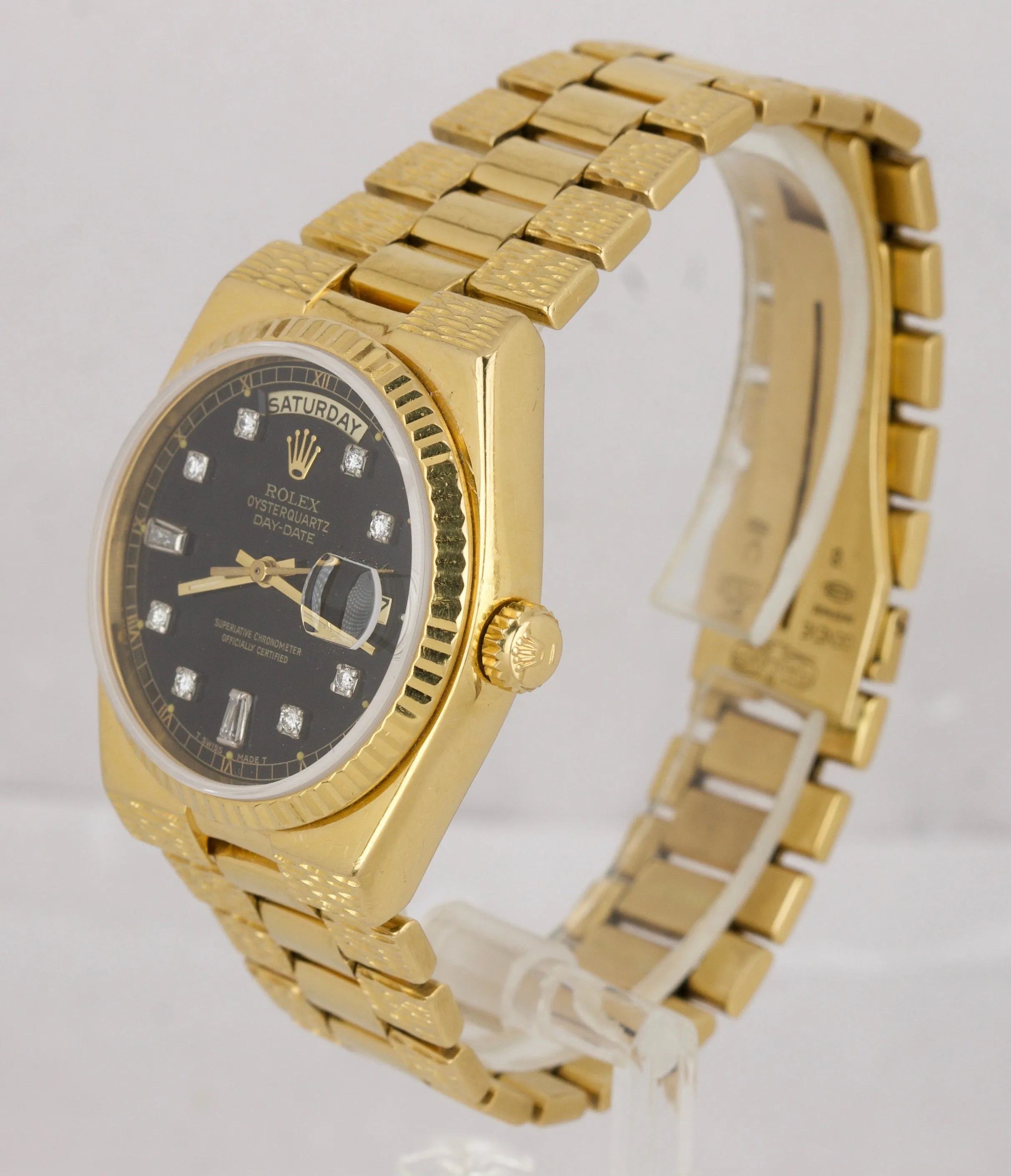 Rolex OysterQuartz Day-Date President 36mm Black Diamond 18K Gold Watch 19018