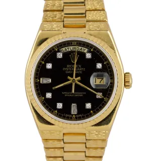 Rolex OysterQuartz Day-Date President 36mm Black Diamond 18K Gold Watch 19018