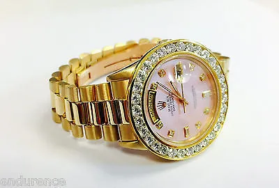 ROLEX PRESIDENT 18038 18K GOLD MOTHER OF PEARL PINK DIAMOND DIAL 6ct BEZEL