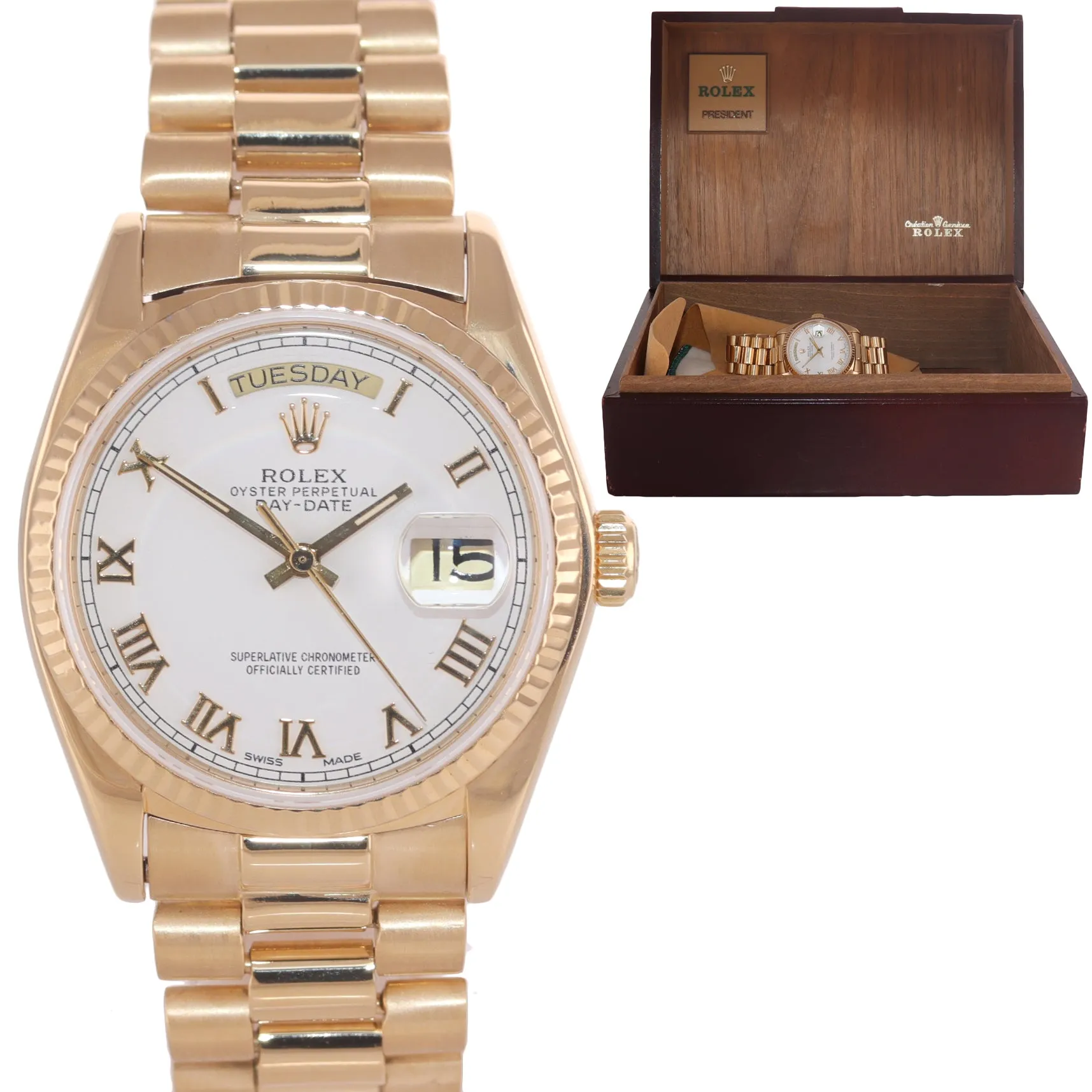 Rolex President Day Date 36mm 18038 18k Yellow Gold White Roman Quickset Watch