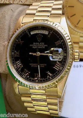 ROLEX PRESIDENT MENS LADIES 18238 36MM 18K GOLD BLACK ROMAN DIAL BOX PAPERS