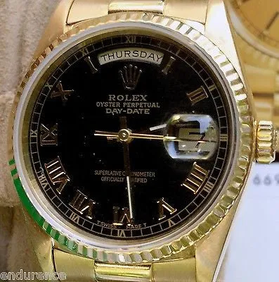 ROLEX PRESIDENT MENS LADIES 18238 36MM 18K GOLD BLACK ROMAN DIAL BOX PAPERS