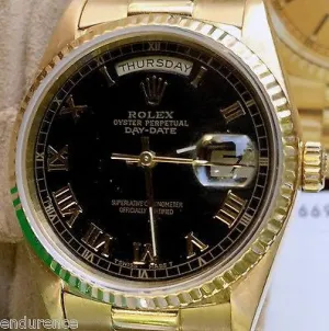 ROLEX PRESIDENT MENS LADIES 18238 36MM 18K GOLD BLACK ROMAN DIAL BOX PAPERS