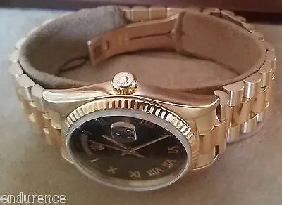 ROLEX PRESIDENT MENS LADIES 18238 36MM 18K GOLD BLACK ROMAN DIAL BOX PAPERS