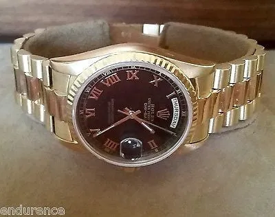 ROLEX PRESIDENT MENS LADIES 18238 36MM 18K GOLD BLACK ROMAN DIAL BOX PAPERS
