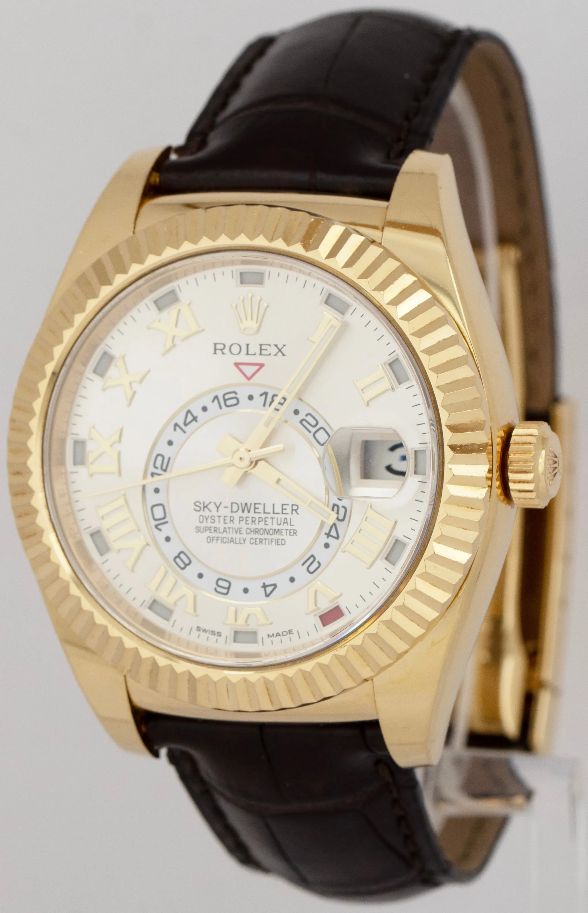 Rolex Sky-Dweller 42mm PAPERS 18K Yellow Gold Silver Roman 326138 Watch B P