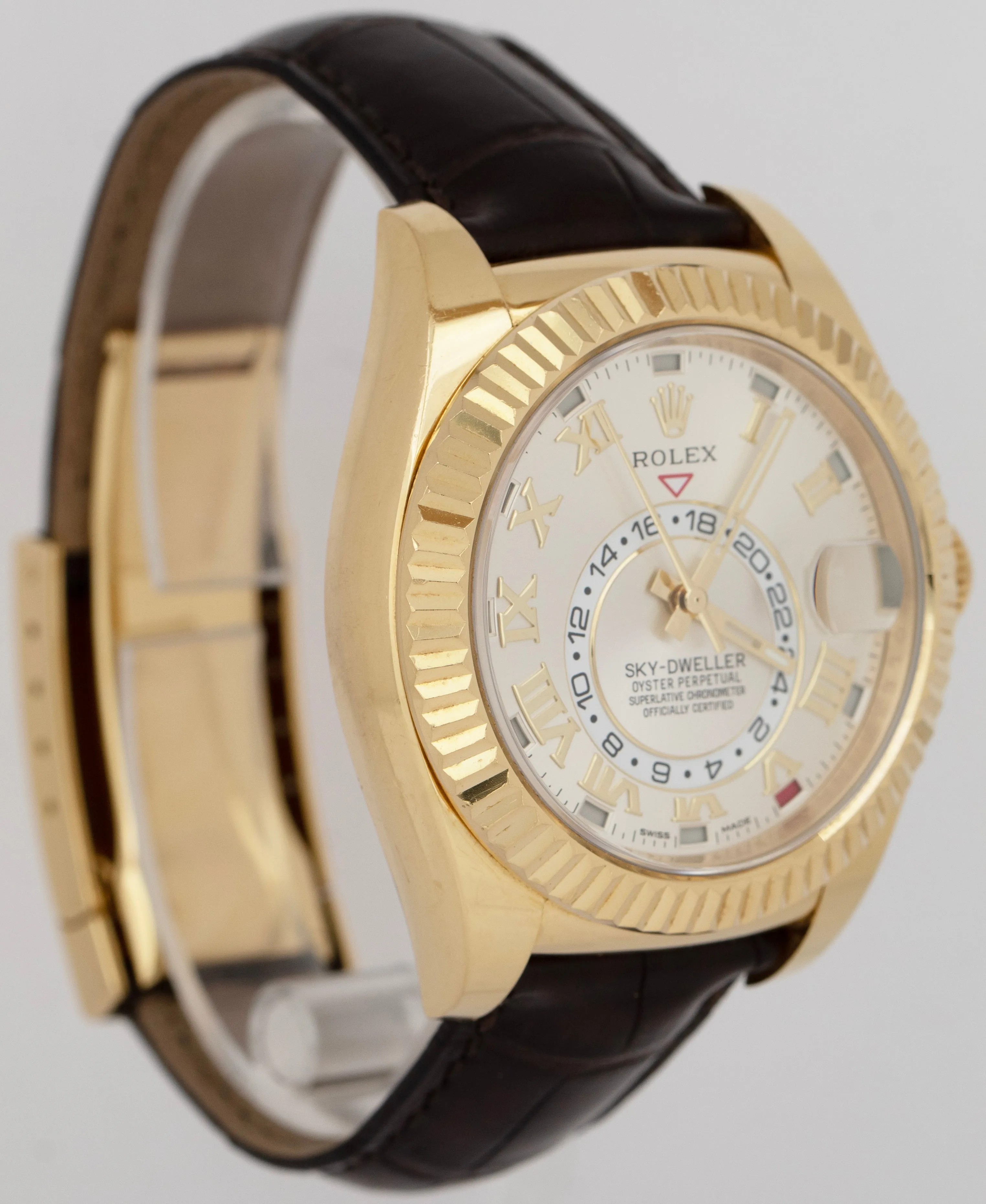 Rolex Sky-Dweller 42mm PAPERS 18K Yellow Gold Silver Roman 326138 Watch B P