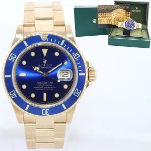 Rolex Submariner Blue Purple Sunburst Dial 16808 Oyster 18k Yellow Gold Watch Box